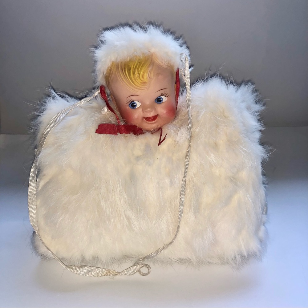 1950’s doll headed rabbit fur child’s hand muff